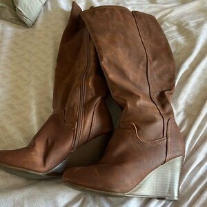 Brown Wedge Mid Calf Boots - 8